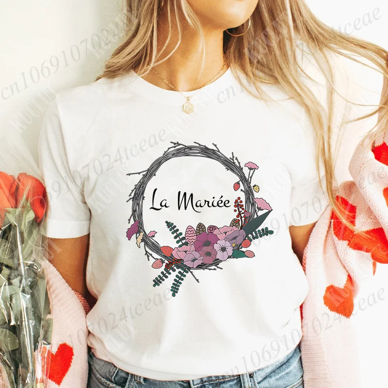 French Girls Team Bride Women T-shirt Flower Crown Graphic Print Tops Bachelorette Bridal Wedding Party Tshirt Flower Crown Tees