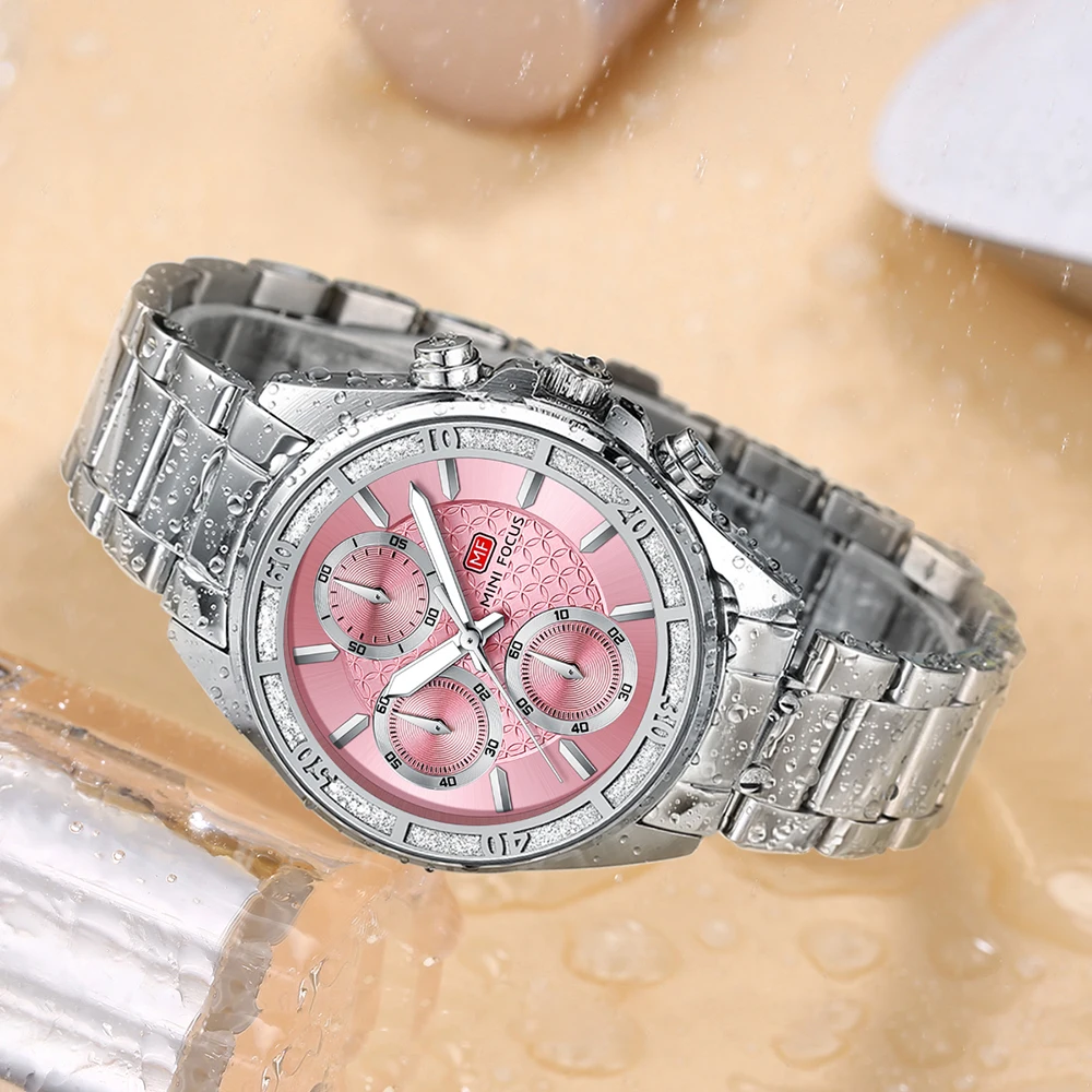 MINI FOCUS Pink Dial Watch for women with Diamonds Luxury stainless steel Bracelet Watch 0615L