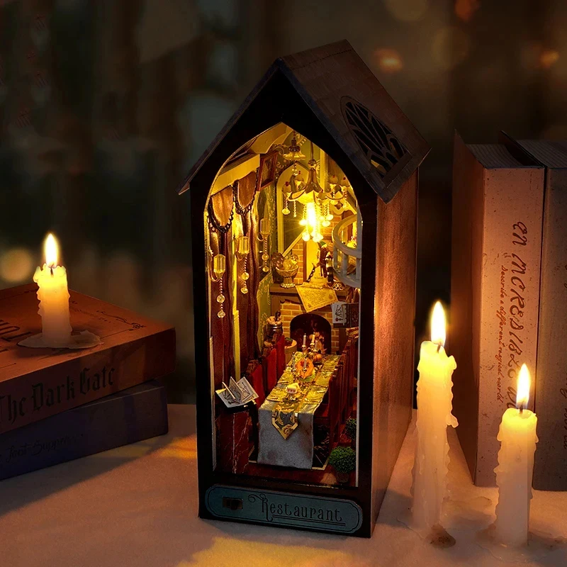 Wooden DIY Restaurant Book Nook Shelf Insert Miniature Model Kits With Light Bookend Friends Birthday Gift Ideas