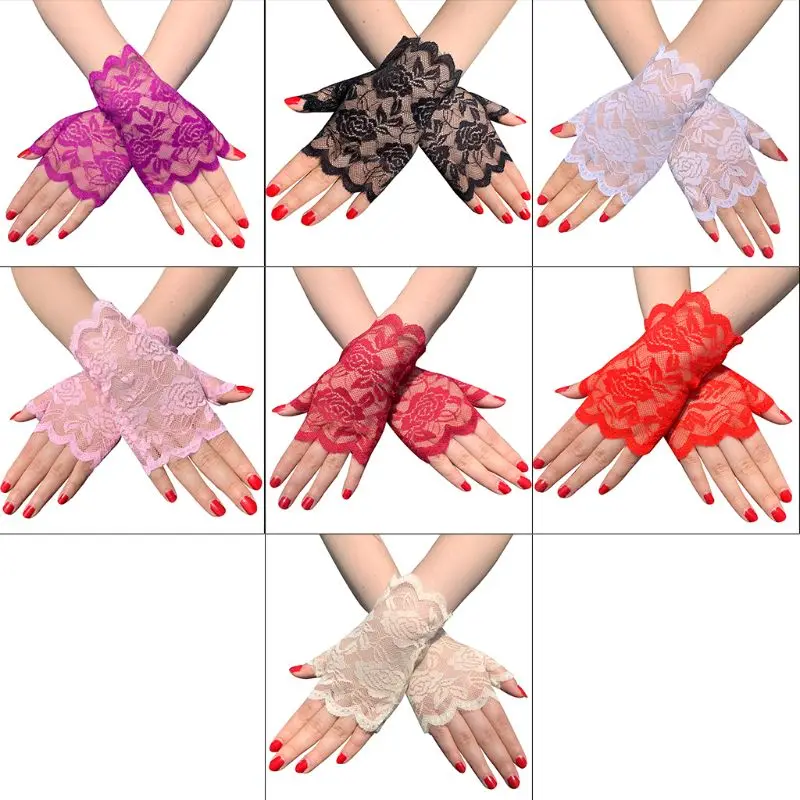 

Women Summer Hollow Out Floral Lace Fingerless Gloves UV for Sun for Protection Driving Wedding Bridal Short Half Finger