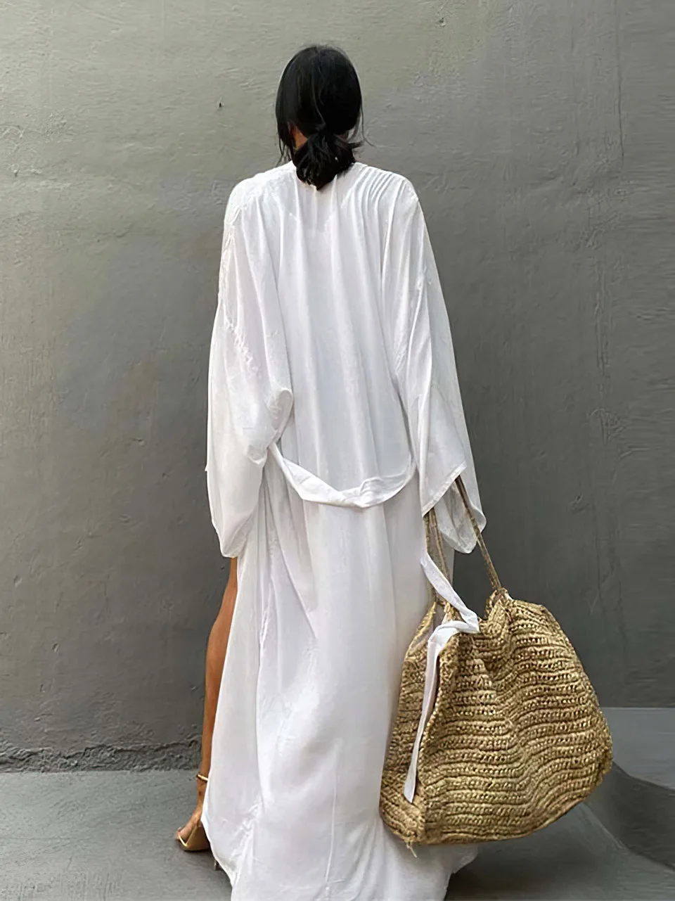 Solid Swimsuit Cover-Ups Kimono Pareo Have Belt Tunic Robe Holiday Outing 2024 Summer Women Beach Outfits Long Dress Beachwear