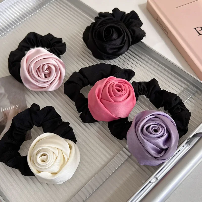 

Fashion Handmade Satin Rose Flower Hair Ring Womans Elegant Headband High Elastic Rubber Band Tie Ponytail Hair Rope Headdress