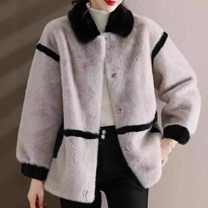 Women Faux Fur Coats Spliced Mink Fleece Overcoats Color Blocked Long Sleeves Single Breasted Straight Casual 2025 Autumn Winter