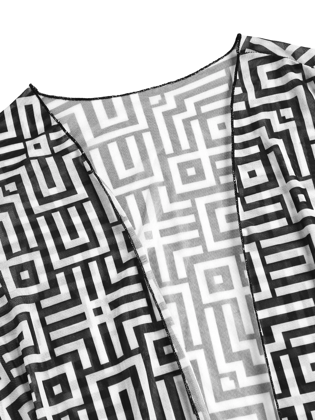 여성용 비치 여름 기하학 프린트 3피스 수영복 세트 (긴팔 비치 커버업 포함), 폴리에스터 니트 원단 (엘라스틱 포함)