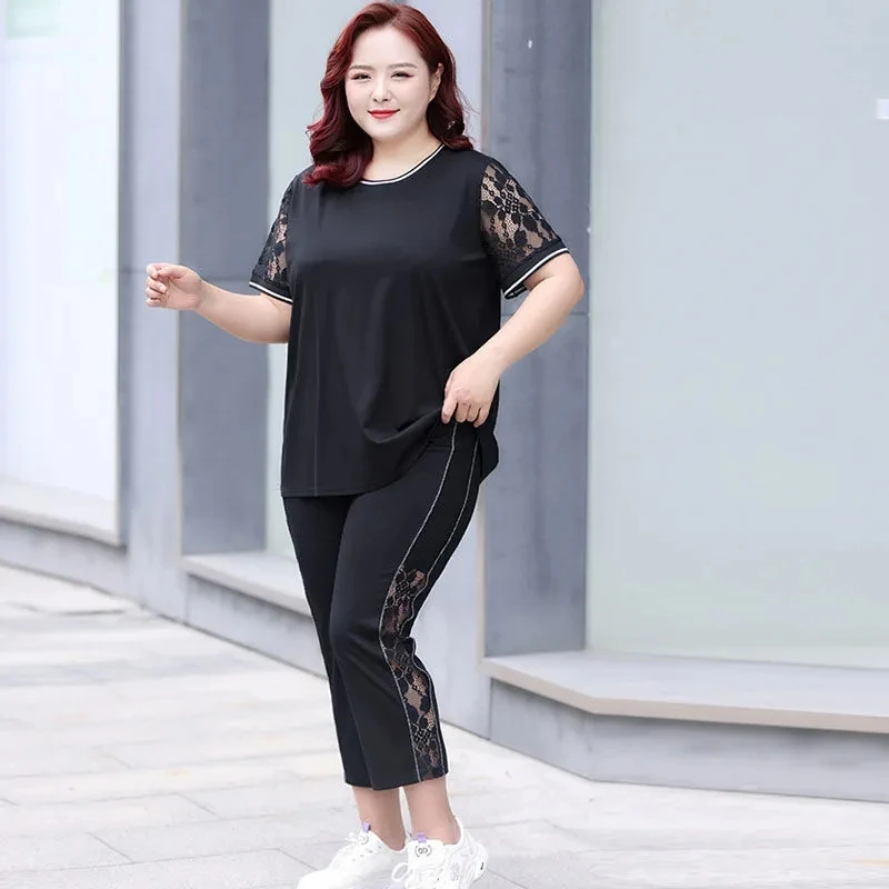 Summer Extra Large Size Loose Sportswear Sets Women's 2022 New Sports Black T-shirt & Pants Two Piece Sets Suit Women Tracksuits