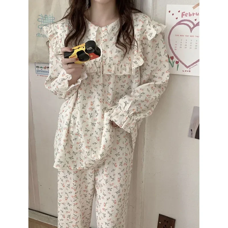 Floral Print Sleepwear Women Pajama Suit Fashion Ruffles Spring Long Sleeve Sets for Women 2 Pieces Korean Piiama Pants 2024 New