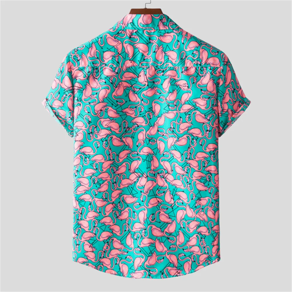 Seaside Vacation Quick-drying Clothes Loose Floral Tops Hawaiian Flamingo Print Beach Shirts Men\'s Short-sleeved Casual Shirt