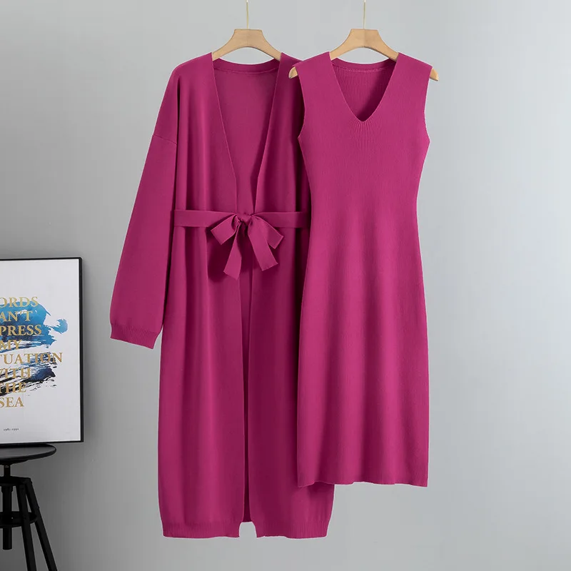 2025 primavera y otoño nuevo estilo de moda conjunto cárdigan de punto abrigo chaleco sin mangas vestido conjunto de dos piezas para mujer