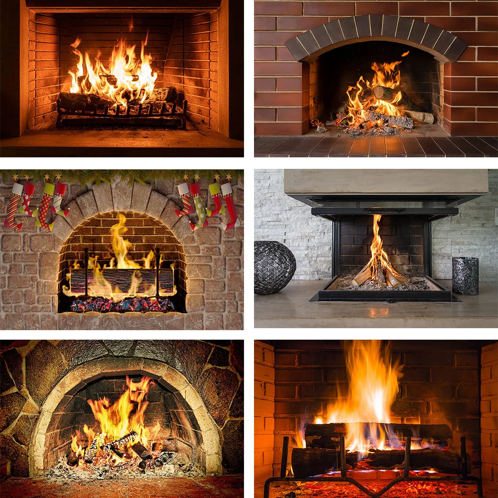 Mehofond Fire Fireplace Backdrop Wood Brick Christmas Thanksgiving Flame Decor Baby Portrait Photography Background Photo Props