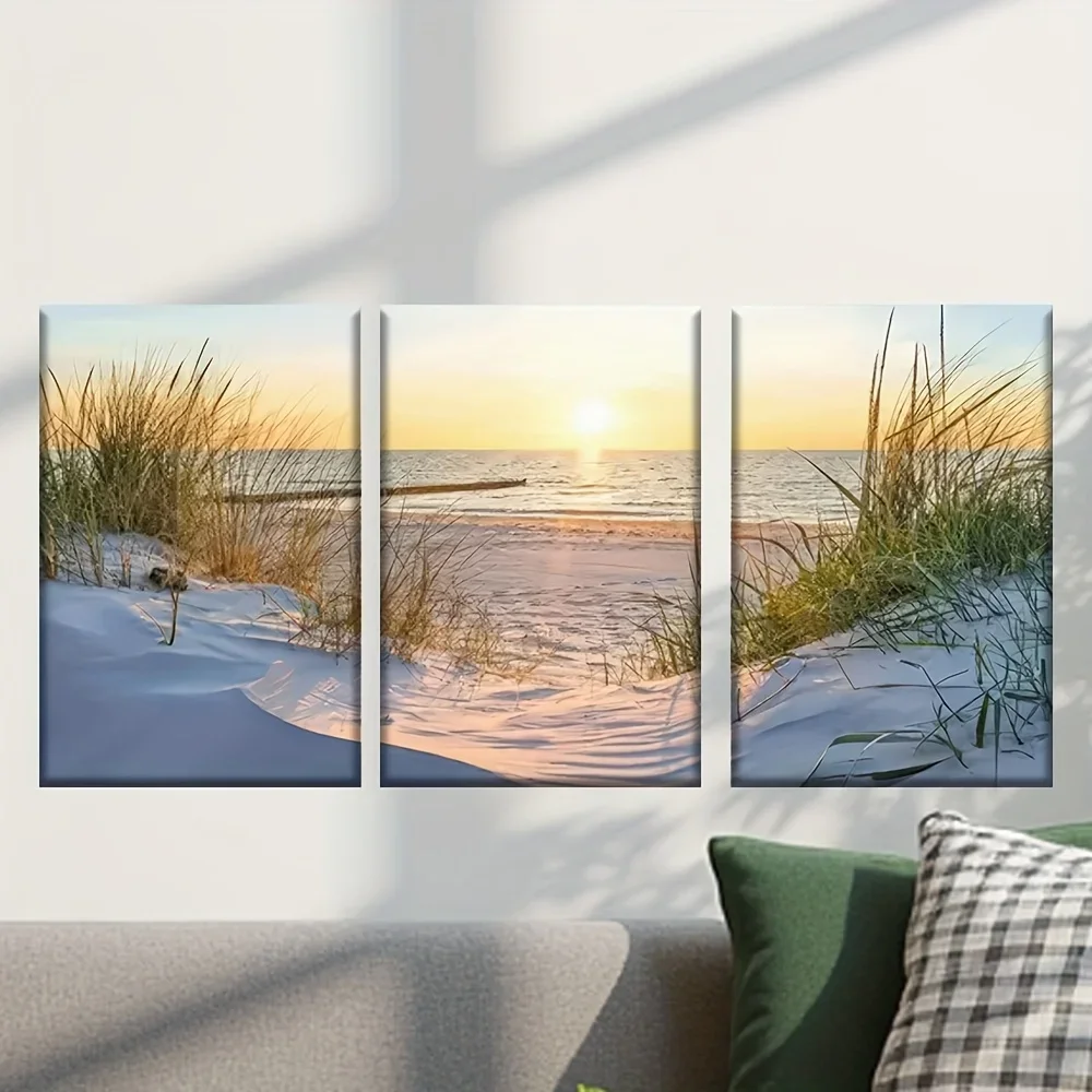 3pcs/set, Canvas painting--Unframed, a beach with grass and sand dunes at sunset, Posters and prints, living room, office, ba