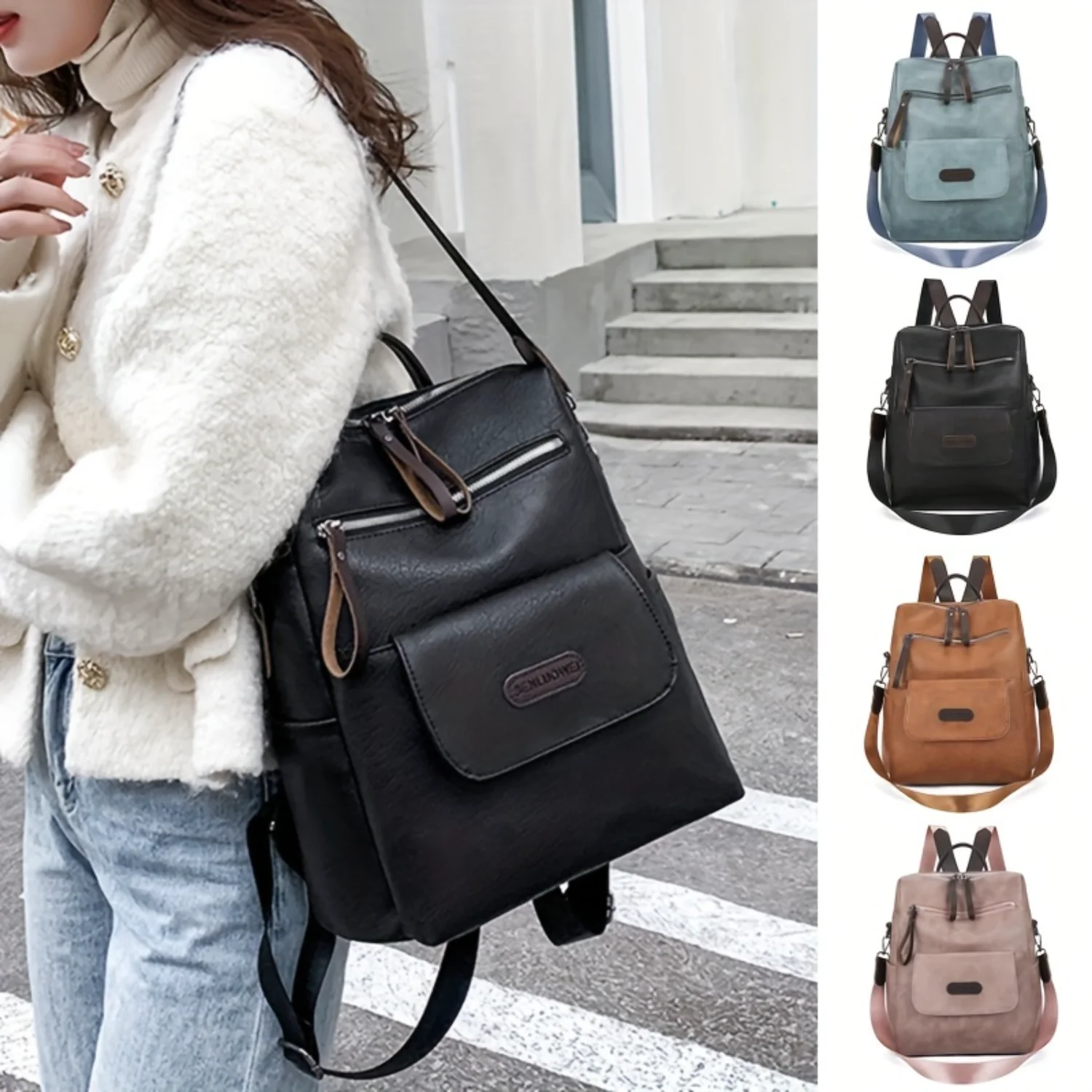 Multifunctional Backpack Purse, Retro PU Leather Travel Daypack, Two-way Shoulder Bag For School, Work