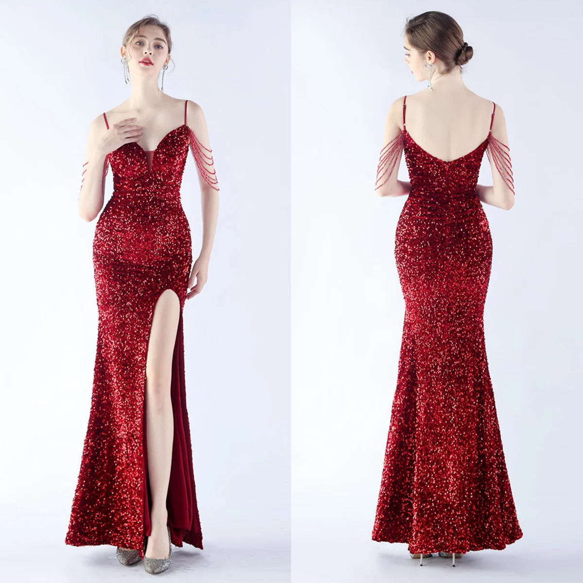 

Evening Dress Wine Red Sequins Beads Sgaphetti Straps Zipper Back Mermaid Trumpet Slit Floor Length Lady Party Formal Gown YE453