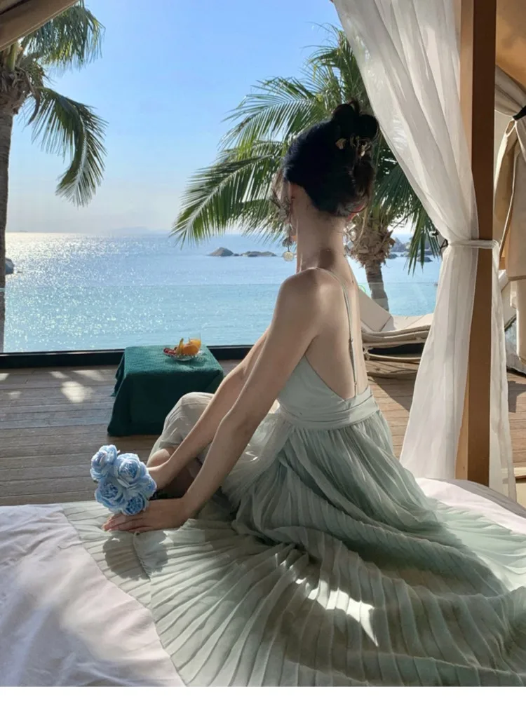 مثير أنيق مطوي فستان طويل للنساء الصيف الخامس الرقبة عارية الذراعين عطلة الشاطئ الدانتيل متابعة ألف خط فساتين الإناث Vestidos 2025 جديد