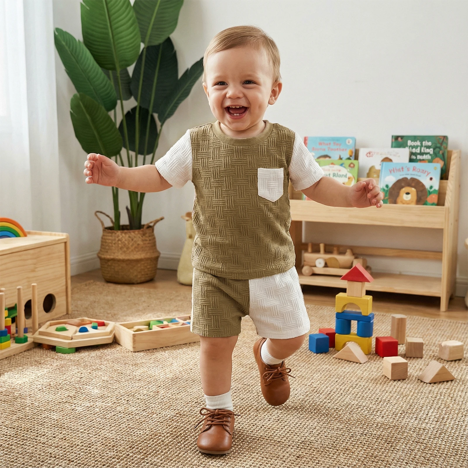 2Pcs Toddler Boy Summer Outfits Short Sleeve Crew Neck Contrast Color Tops and Elastic Waist Shorts Set
