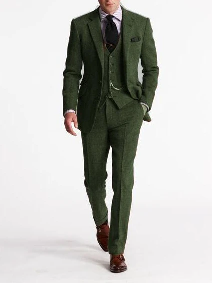 Tailored Green Tweed Suits Men Groom Blazer Slim Fit 3 Pieces Tuxedo Custom Prom Wedding Suits Terno Masculino Jacket Pant Vest