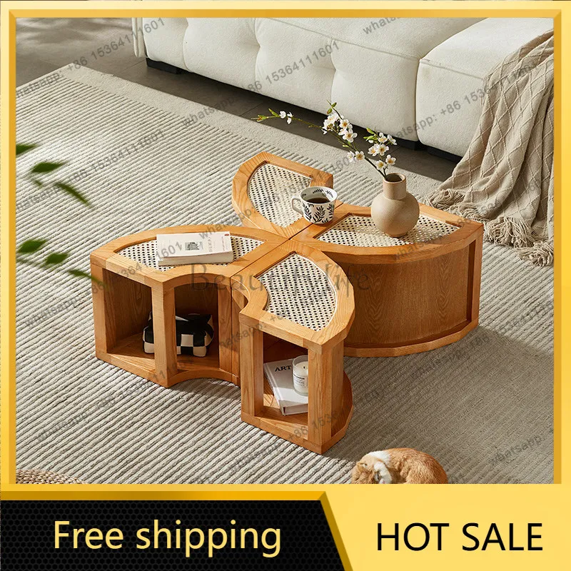 LD Nordic solid wood rattan coffee table living room household small apartment round furniture