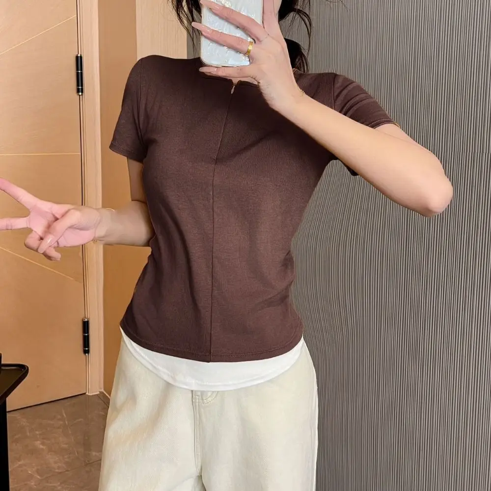 

Korean Style Y2K Fake Two Pieces Top V-neck Patchwork Slim Crop Top Women Spicy Girl Chic Short Sleeve T-shirts Girls