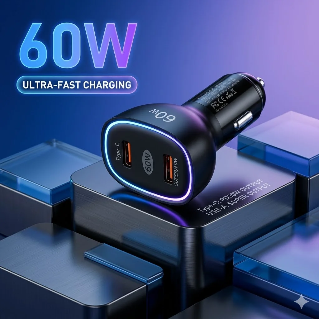 

60W Car Charger Dual PD30W+PD30W QC3.0 3A Super Fast Charging Cigarette Lighter Adapter Universal Car Phone Charger For iPhone