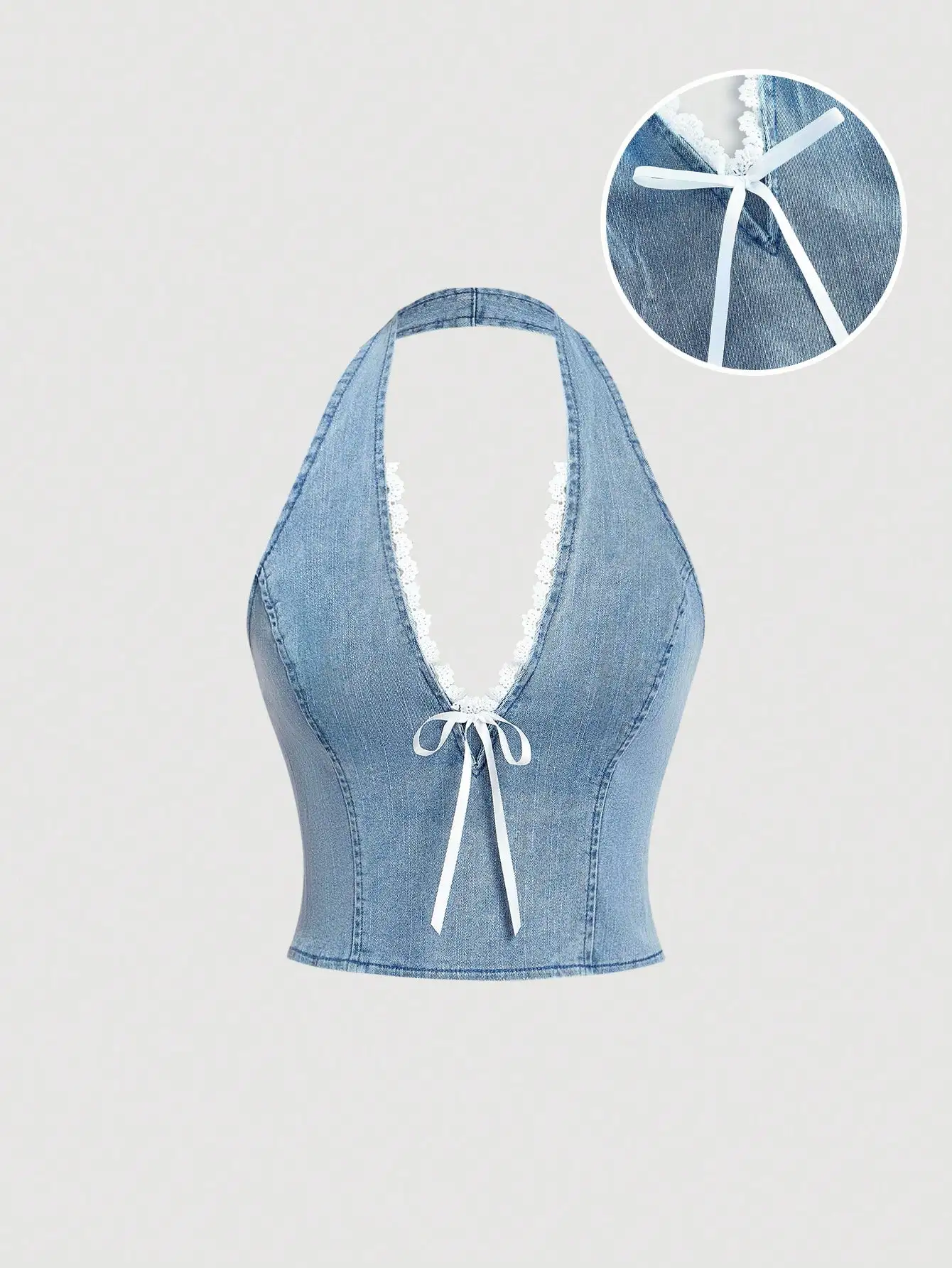 Front Tie Denim Halter Crop Top, Lace Bow Off Shoulder, Vintage Y2K Blue White Seductive Summer Top for Women
