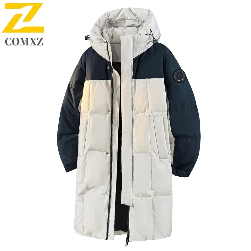 

COMXZ Classic Hooded Men Long Down Jacket Outdoor Climbing Warmth Parka Pure Color Design Trip Windproof Light Winter Coat
