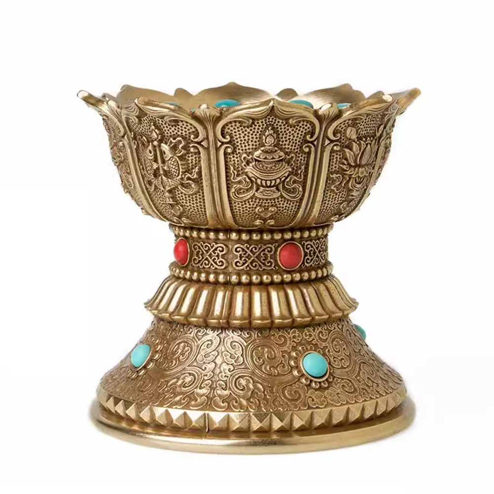 Tibetan style copper hand cranked prayer wheel, Double bearing solid wood handle, 3D relief manual prayer tube, home ornament