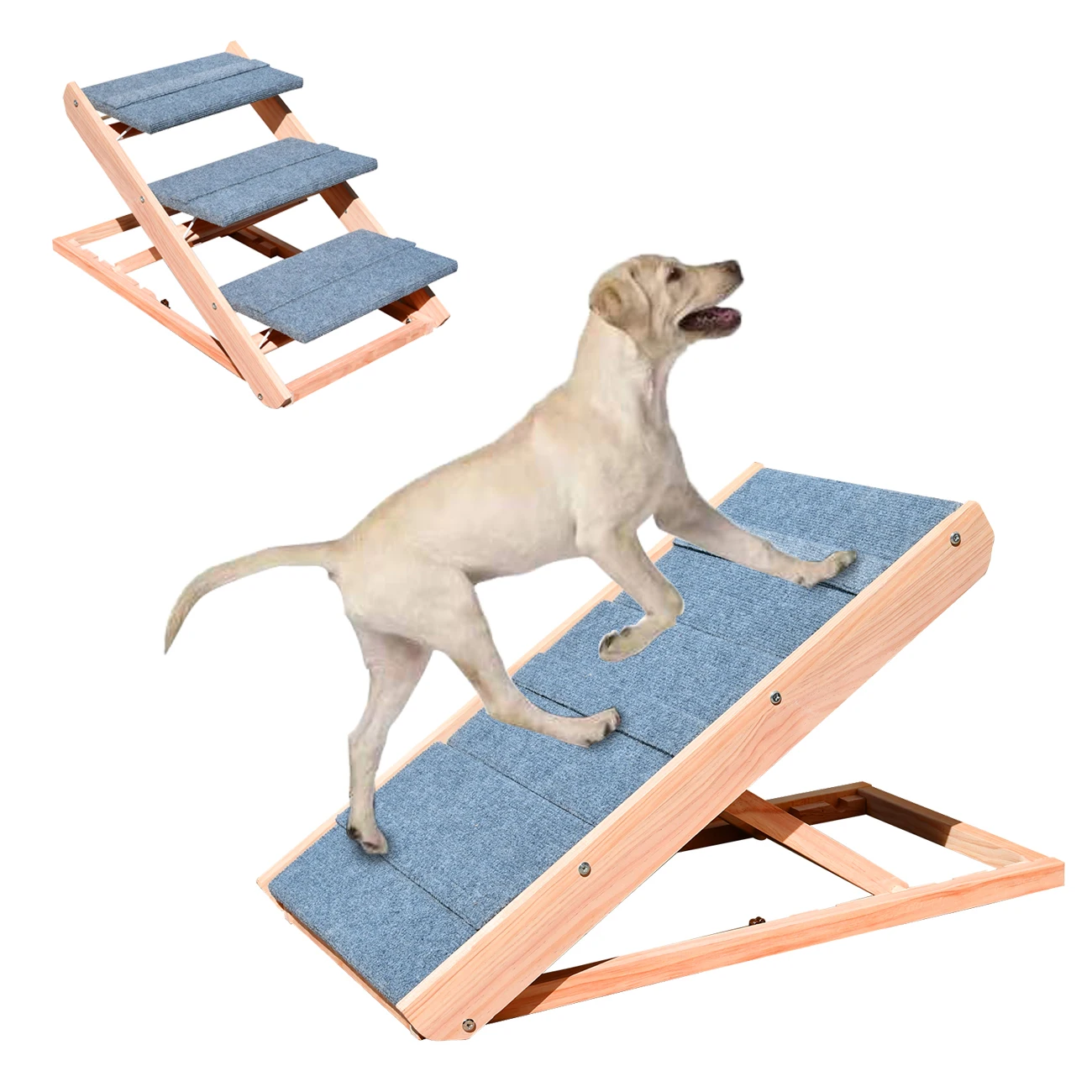 High Quality Dog Ramp Cat Stairs 2-in-1 Wooden Height Adjustable Pet Ramps Folding Portable Pine Wood for Pickup Truck Couch