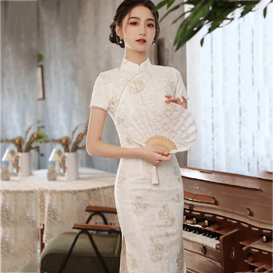 

Vintgae Mandarin Collar Lace Flower Cheongsam Classic Elegant White Female Qipao Sexy Split Vestidos Traditional Chinese Dress