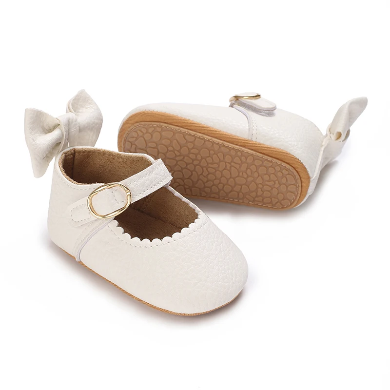 Sepatu Putri Pita Lucu Bayi 0-18M Musim Semi dan Musim Gugur Putih Sepatu Putri Anti Selip Sol Karet Lembut PU Kasual Sepatu Jalan
