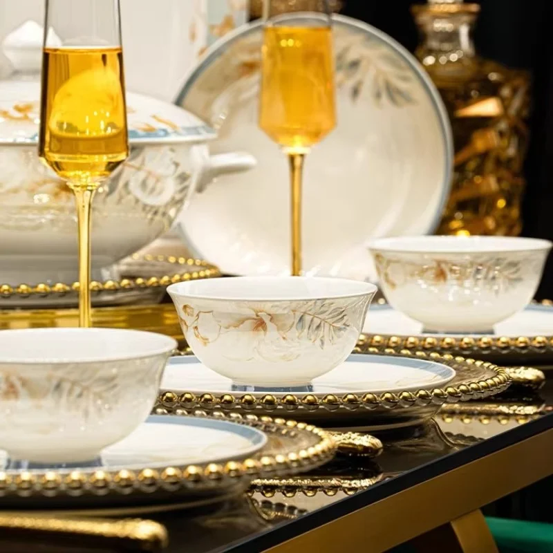 Jingdezhen Ceramic Tableware Set Luxury French Bowl Plate And Chopstick Set For Home Use 2025 New Move-in Gift High-end Feel