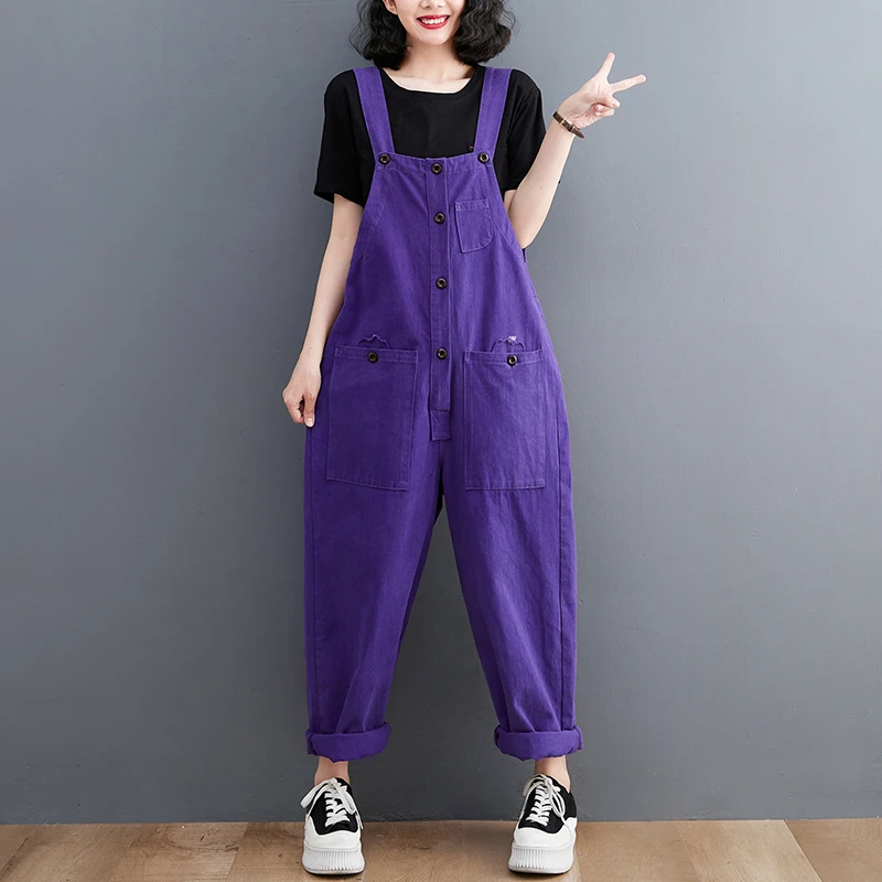 Loose Big Size Overalls For Women Casual Streetwear Strap Purple Red Denim Jumpsuit Single Breasted Suspenders Baggy Cargo Pants