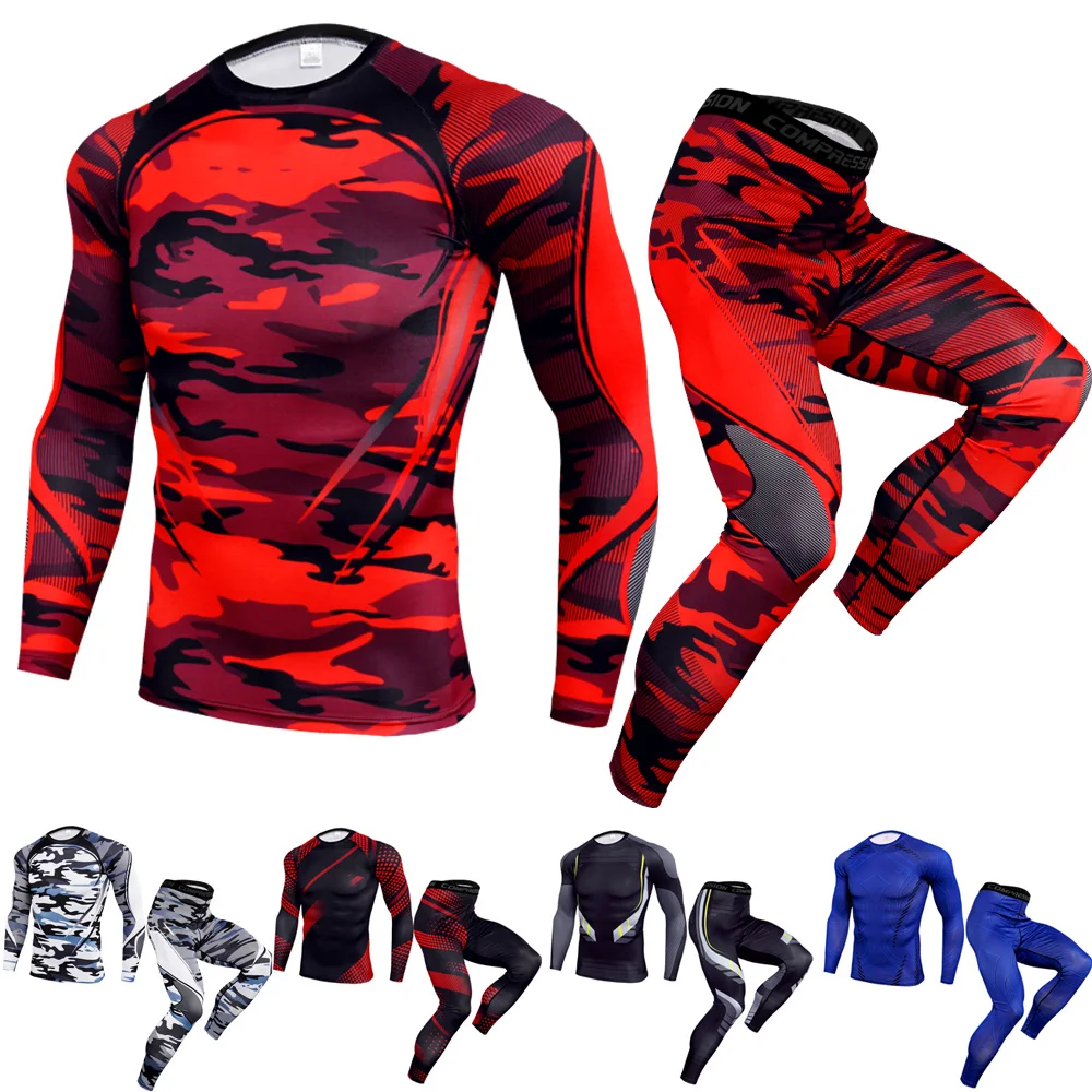 

2022 new outdoor fitness camouflage suit men's quick dry pants basketball stretch running fitness suit two pieces