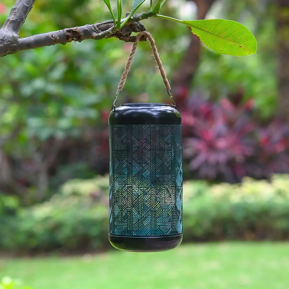 Outdoor Solar Iron Art Light Blue Hollow Out Pattern Lamp Garden Lawn Decorative Lighting Waterproof Yard Path Lantern