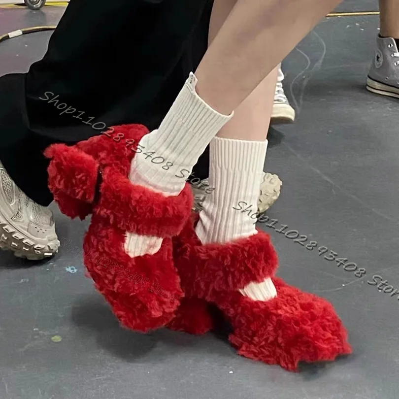 

Red Fur Decor Pumps Square Toe Chunky Heels Shallow Warm Women Shoes Casual Shoes Elegant Party Autumn Pumps Zapatos Para Mujere