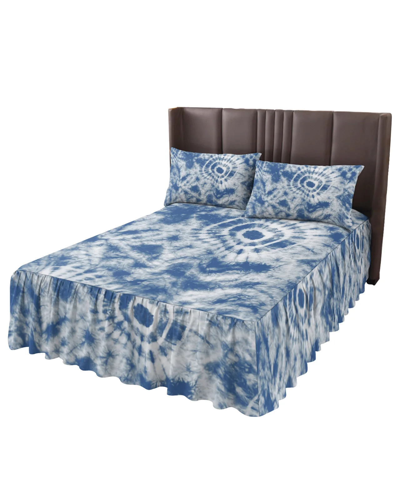 Blue Tie-Dye Ethnic Bed Skirt Elastic Fitted Bedspread With Pillowcases Bed Protector Mattress Cover Bedding Set Bed Sheet