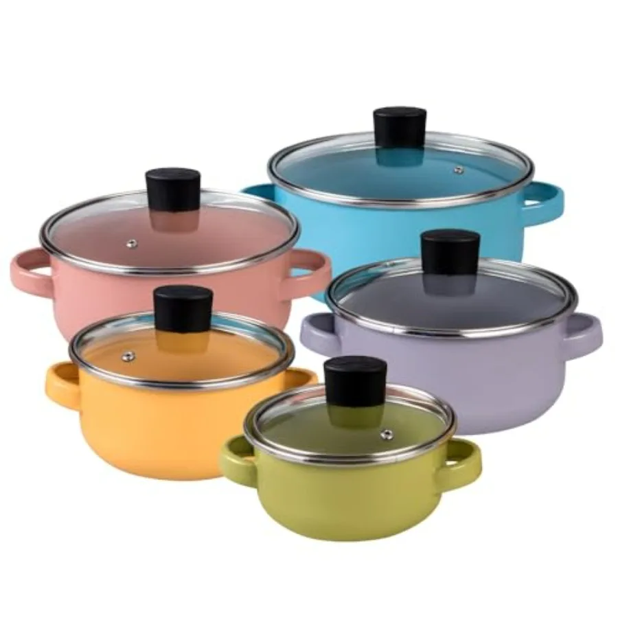

Набор кастрюль из 10 предметов — эмалированные стальные кастрюли премиум-класса с крышками, совместимые с электрическими, индукционными и газовыми плитами, разноцветные