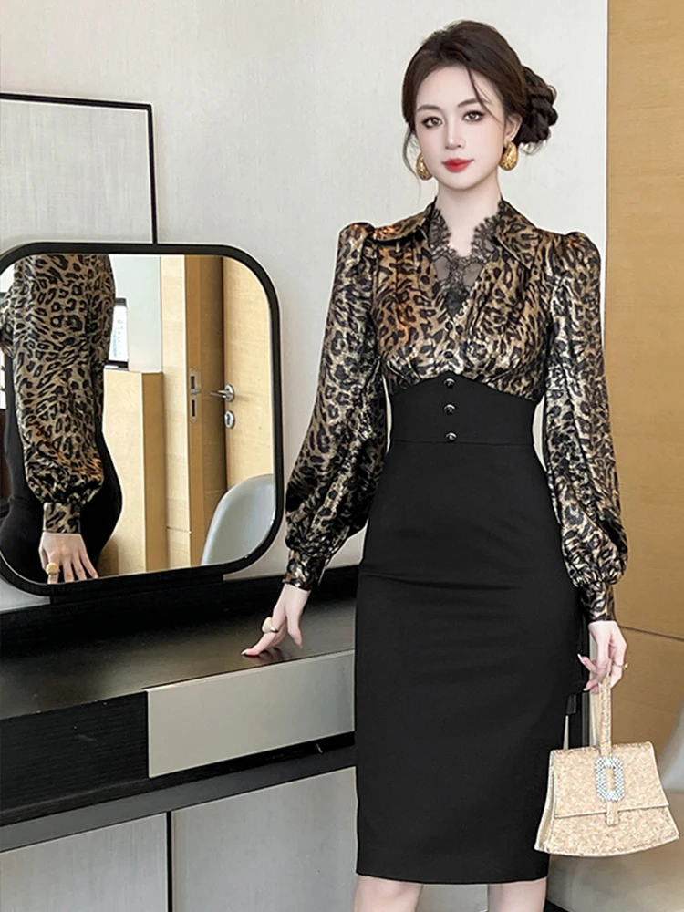 New  Elegant Fake 2 Piece Dress Women Retro Black Leopard Single Breasted Bodycon Robe Femme Party Vestidos Office Lady