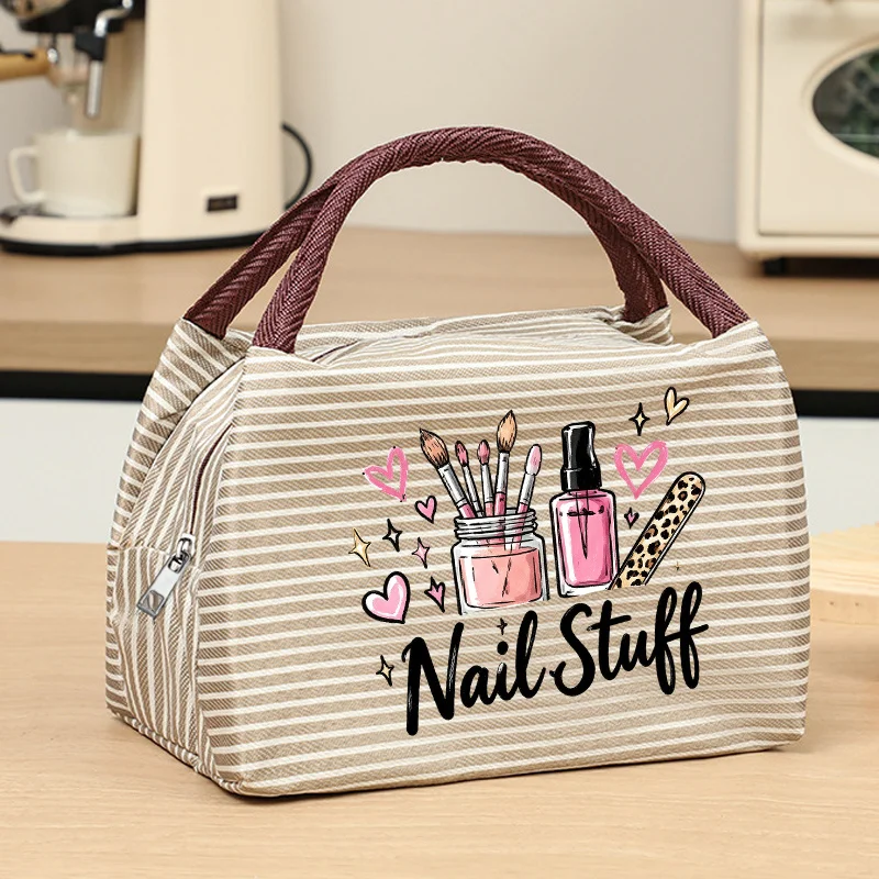 Striped Nail Tool Printed Handbag, Fun Hand-Drawn English Pattern, Reinforced Woven Handle Design, Zipper Closure Style
