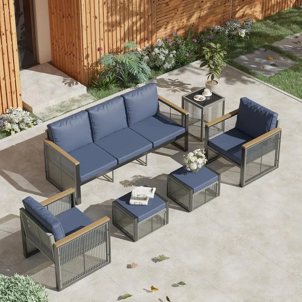 

6 Pieces Funriture Sets,Metal Patio Furniture Set, 5 Seats Modern Outdoor Conversation Set Sectional Sofa with Ottomans,3Seat S