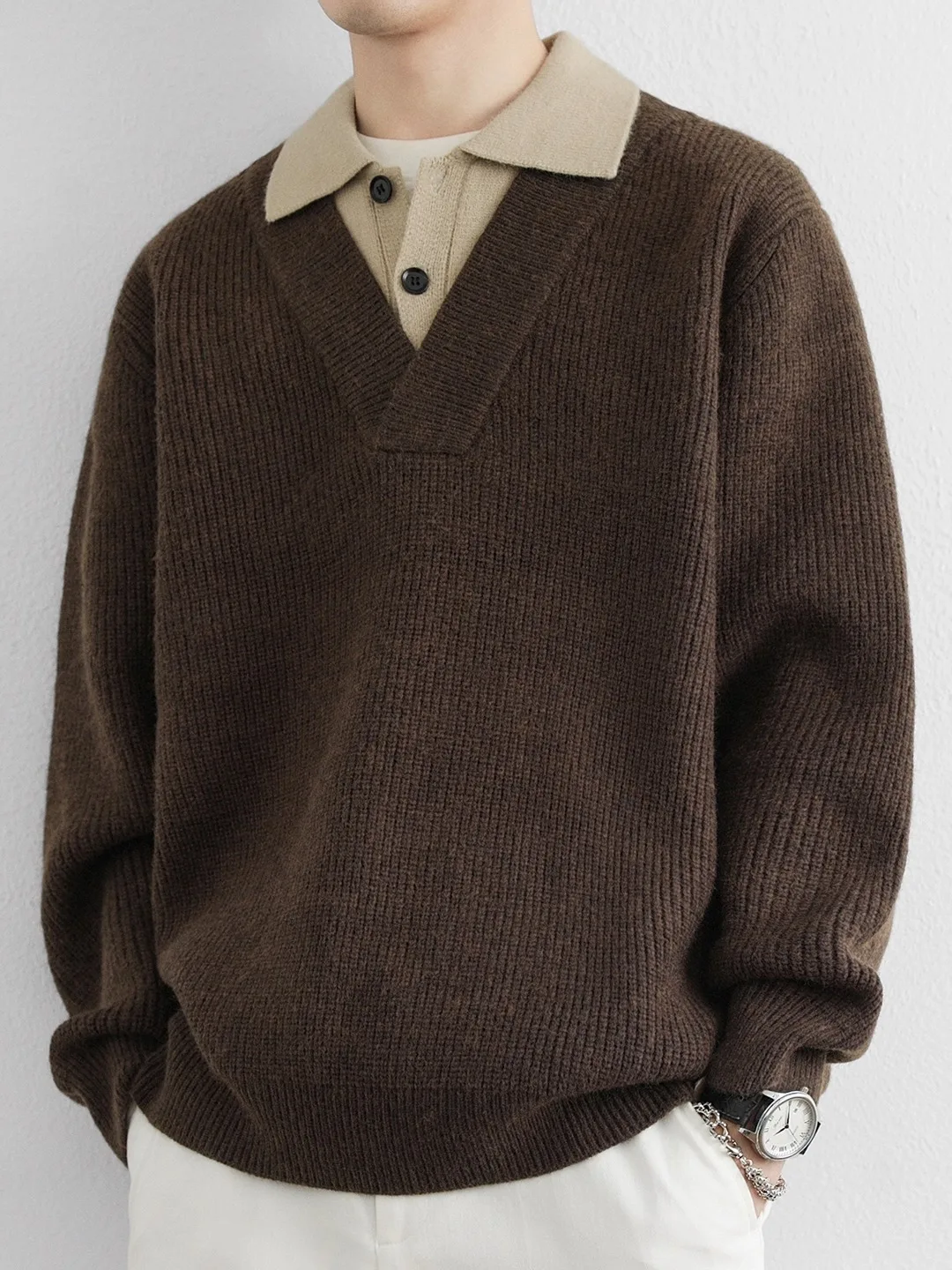 

Мужской вязаный свитер с воротником irt, дизайн Sense, искусственный двухсекционный повседневный свободный крой, длинный свек, термодышащая подкладка из полиэстера