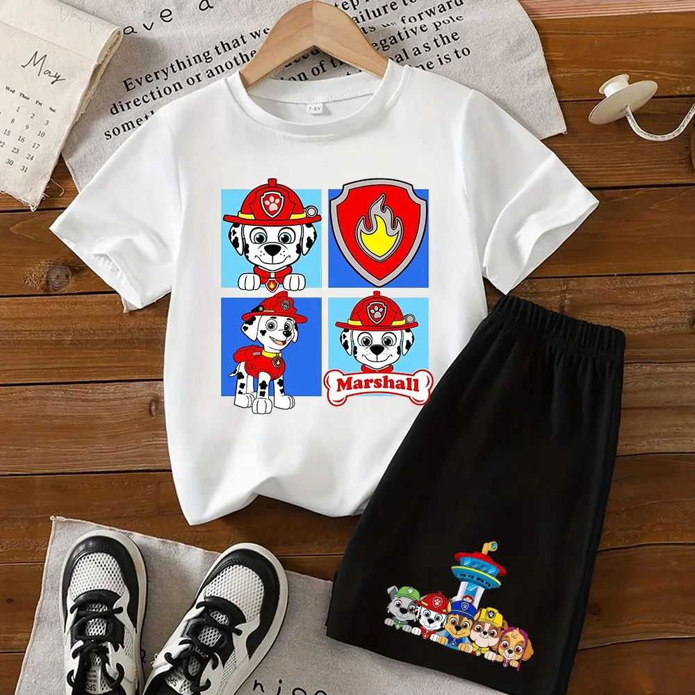 Summer Kids Chase T-shirt Set Boys and Girl Clothing Leisure Paw PatrolShort Sleeve Preschool 3-12 Cartoon Animal Print