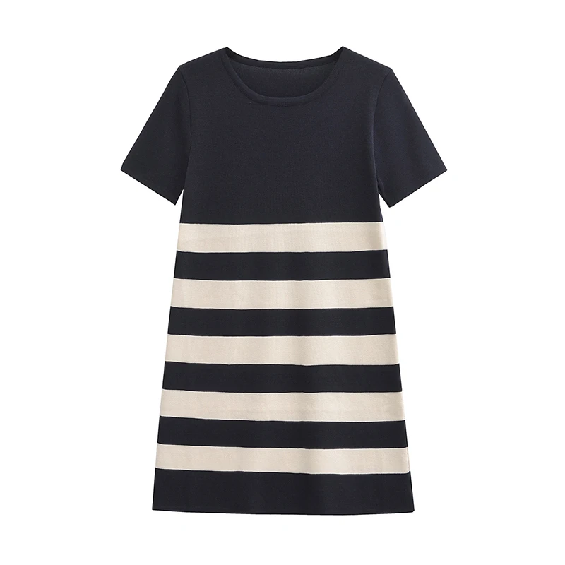 YENKYE Autumn Women Contrasting  Striped Knit Dress Short Sleeve Round Neck Female Casual Dresses Mini Vestidos