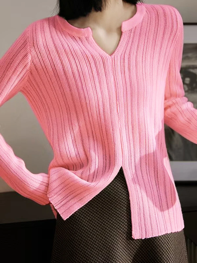 Spring and Autumn New Women's Round Neck Pullover Sweater Fashionable Bottom Slit Sweater Thin Imitation Knitted Sweater Tops