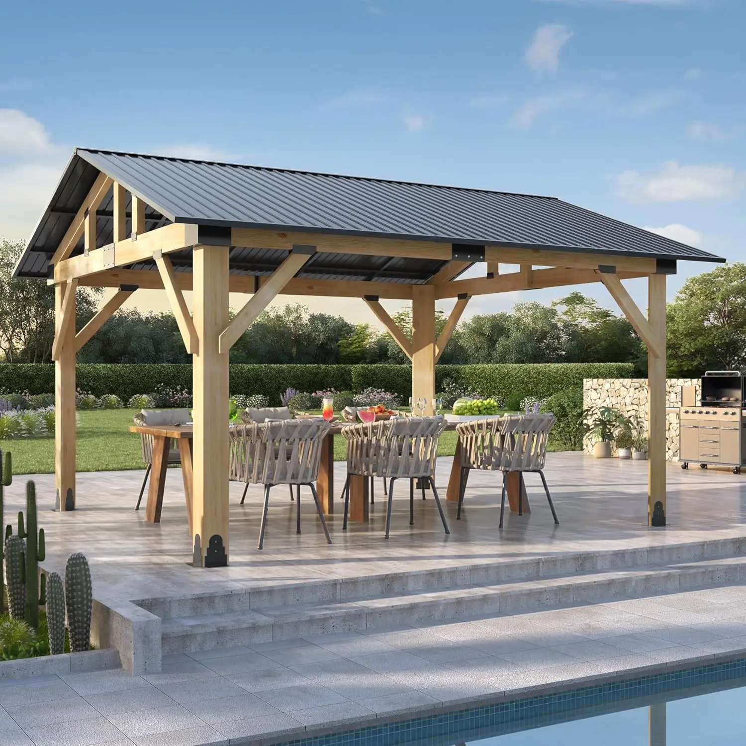

11x13 Wood Gazebo Waterproof Steel Roof Patio Backyard Garden Porch, Customized