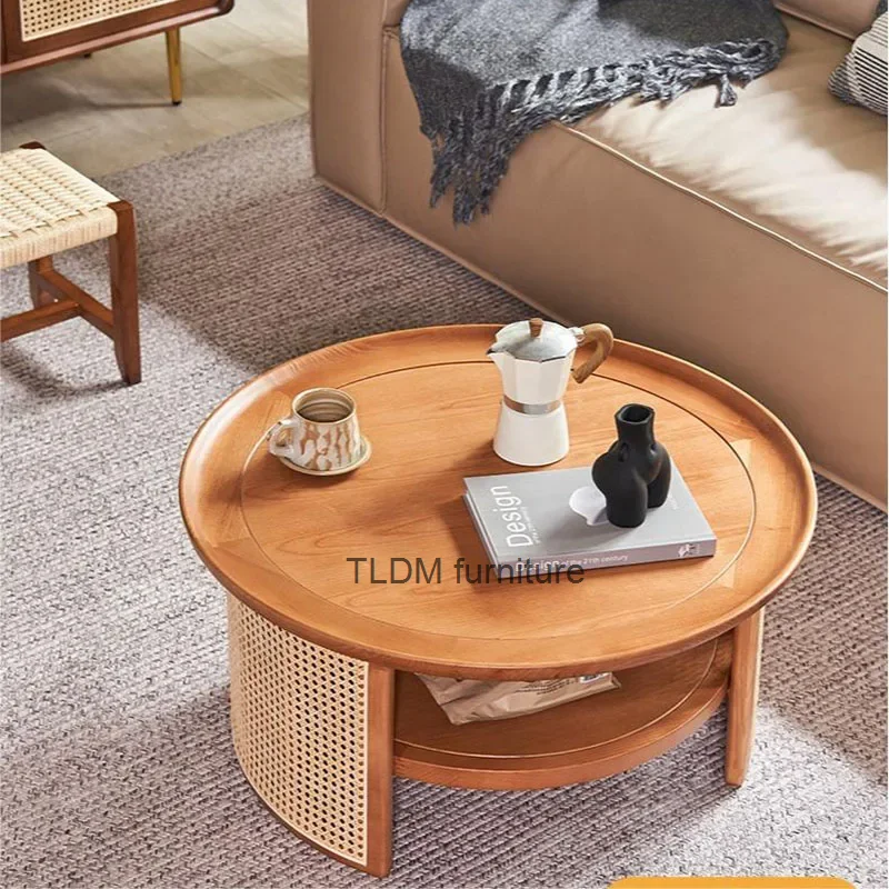 

Japanese Side Table Wood Rattan Tea Coffee Table Low Table Round Minimalist Simple Rattan Woven Apartment Furniture Accessories