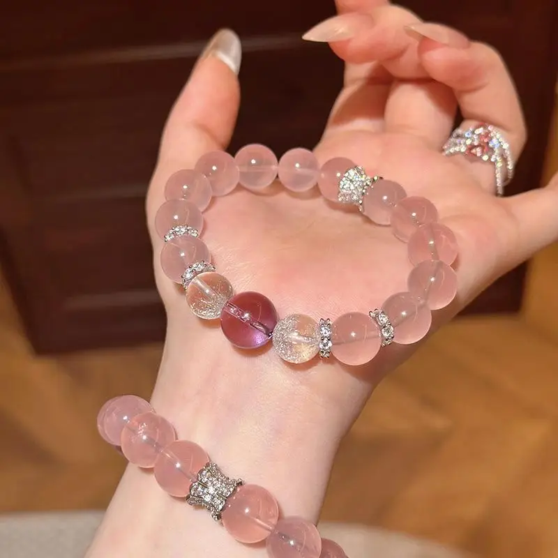 Women Stone Bracelet Imitation Icy Clear Pink Quartz Amethyst Transfer Bead Wrist Chain Love Luck Attracting Crystal Jewelry