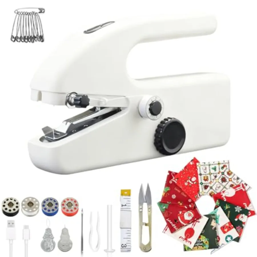 

Sewing Machinewith 8 Christmas Fabric Pieces and 21 Sewing Accessories Mini Sewing Machine for Beginners Perfect Sewing Tools