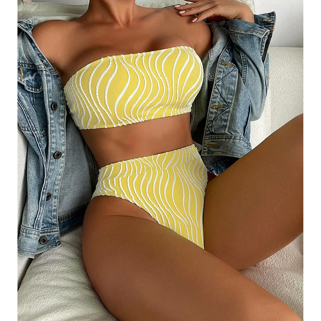 Sexy Bikini mit Wellenmuster, Bandeau-Oberteil und hoher Taille, Damen-Badeanzug, zweiteiliges Bikini-Set, Badebekleidung, Badeanzug, Modell V5445. – Detail 31