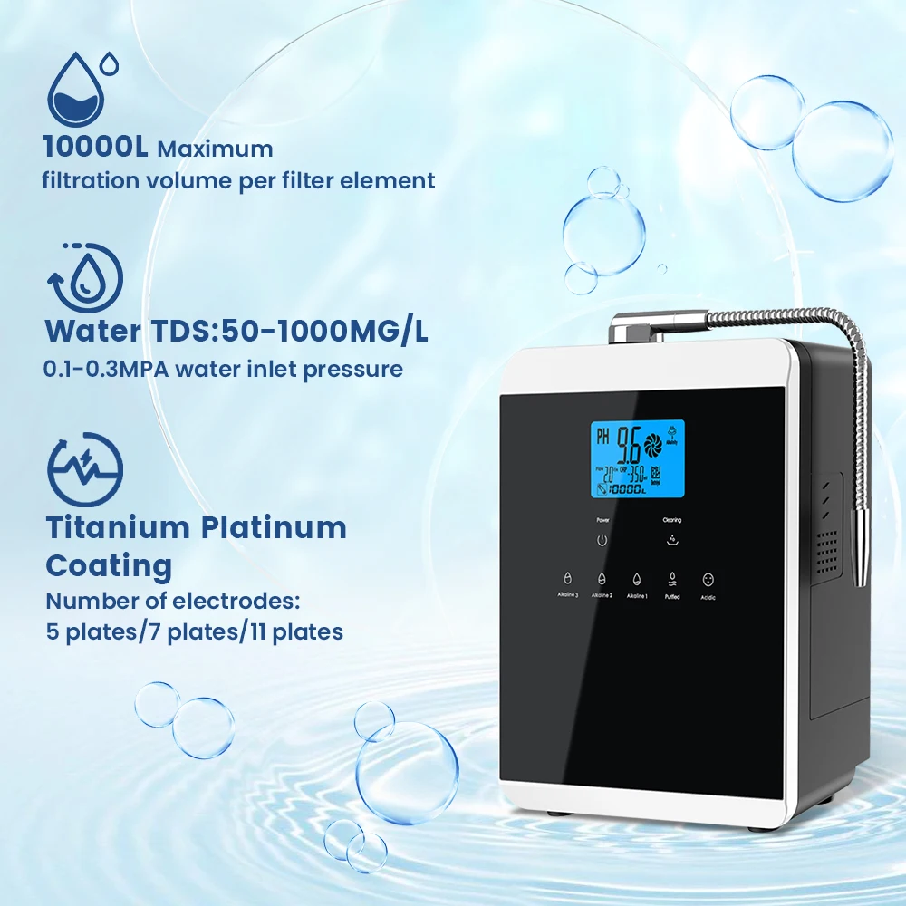 11 Plates Platinum Coating Alkaline Water Ionizer Machine PH 4.5~10.5 Alkaline Acid Water Ionizer for Home