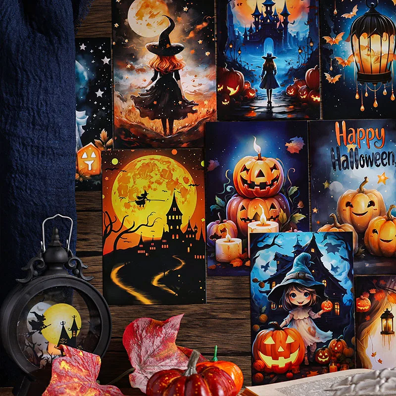 

12pcs Halloween Pumpkin Head Light Retro Student Message Commemorative Card Postcard Sticker Material Pack DIY Scrapbook Supplie