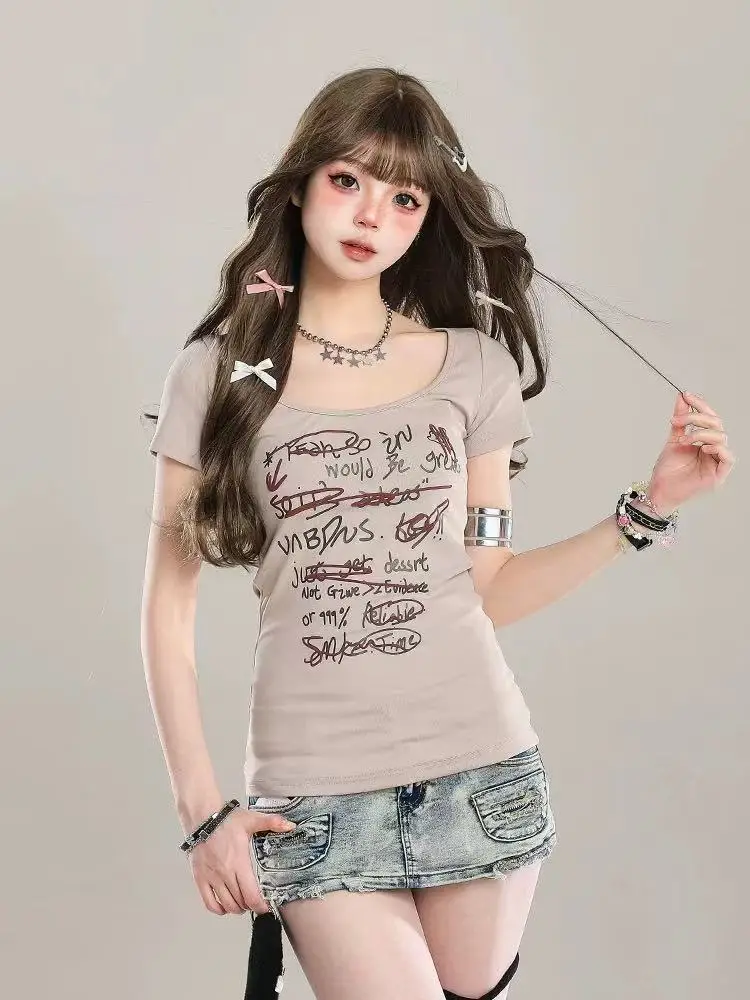 Kimotimo Graffiti Letter Print Short Sleeve T-shirts Women American Retro Square Collar Slim Thin Tops Summer Y2k Aesthetic Tees